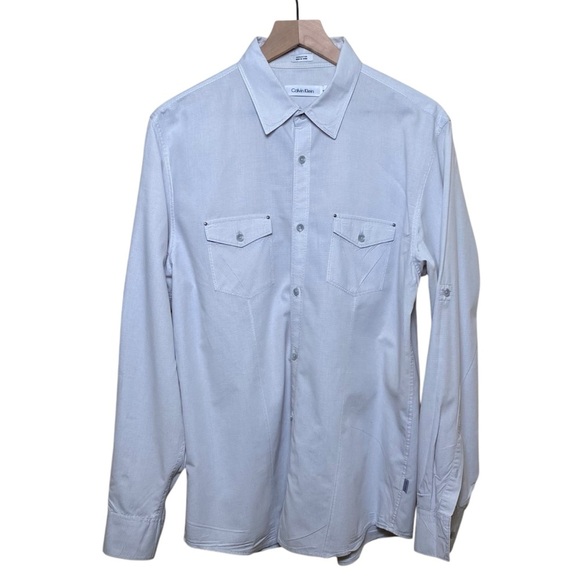 Calvin Klein Grey/White Swiss Tab Button Down Shirt, M - Picture 1 of 7